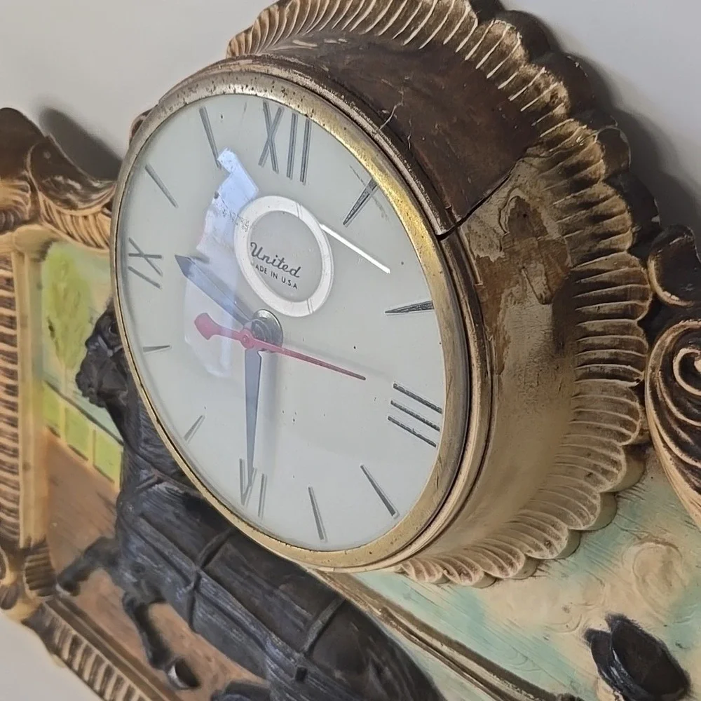 Vintage Wall Clock Horse & Sulky Race Carriage Ornate Gold Frame Working Quartz‎